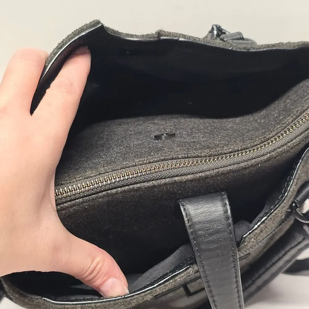 Elliott Lucca Black Gray Wool Black Leather Trim Satchel Shoulder Crossbody Bag